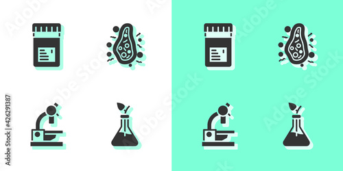 Set Plant breeding, Jar with additives, Microscope and Bacteria icon. Vector