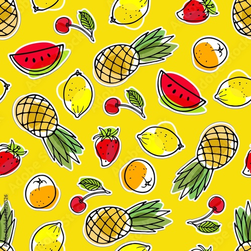 Seamless pattern with Summer seasonal fruit sticker. Watermelon, pineapple, strawberry, lemon, orange fruit, cherry. Bright fruits. Vector food. Eco healthy ingredient For textile, wallpaper, banner.