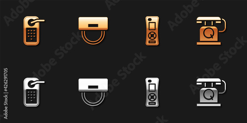 Set Digital door lock, Bellboy hat, Remote control and Telephone handset icon. Vector