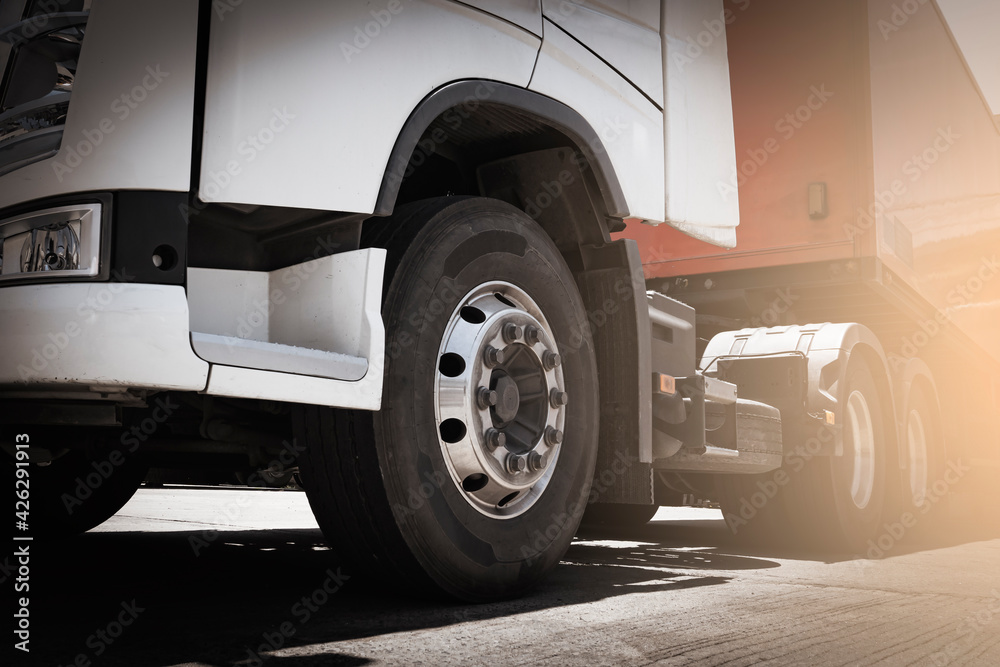 Front a Big Truck Wheels of Semi Truck a Parking. Industry Freight Truck Transportation.