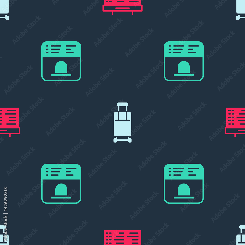Set Train station board, Suitcase and Ticket office to buy tickets on seamless pattern. Vector