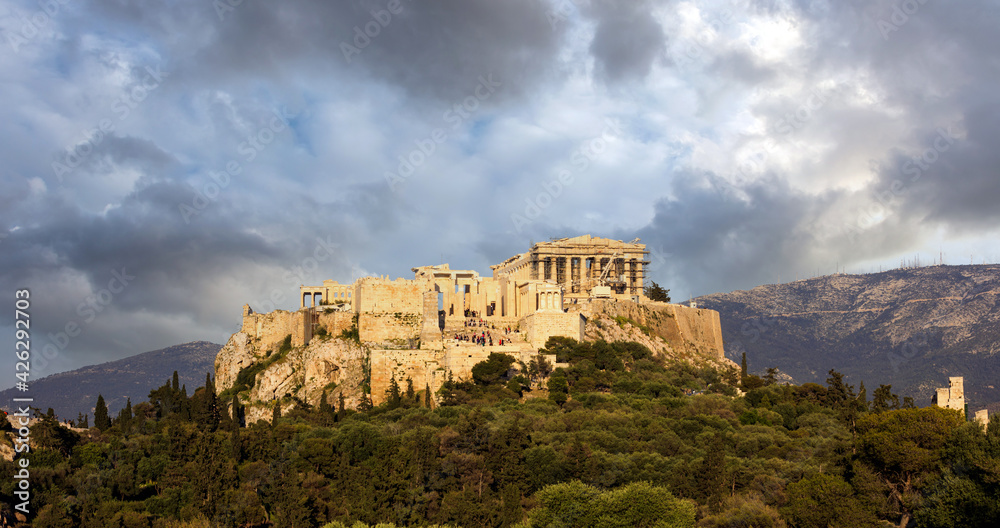 Athens, Greece, Acropolis hill, cloudy sky background