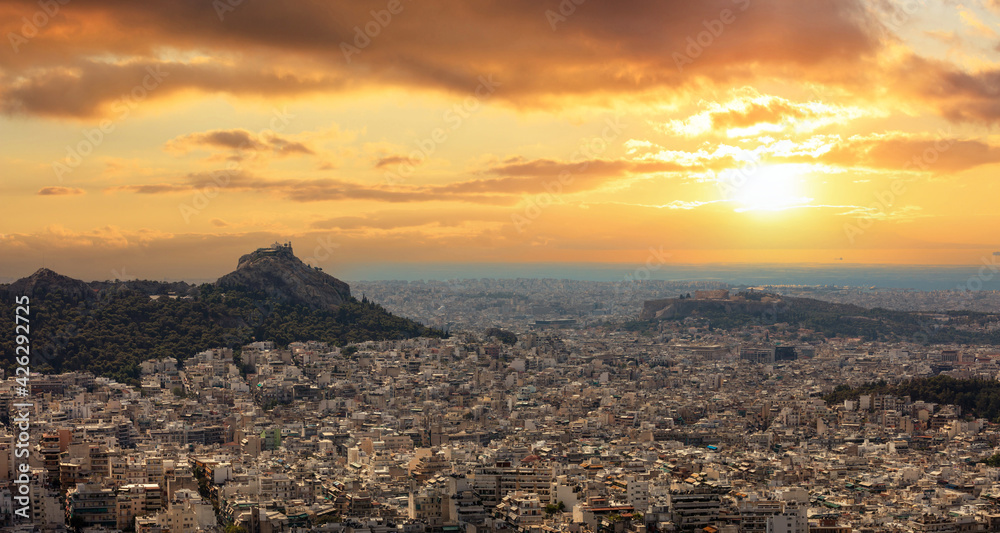 Athens, Greece, Cityscape, Acropolis and Lycabettus hill at sunset