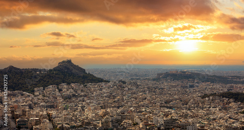 Athens  Greece  Cityscape  Acropolis and Lycabettus hill at sunset