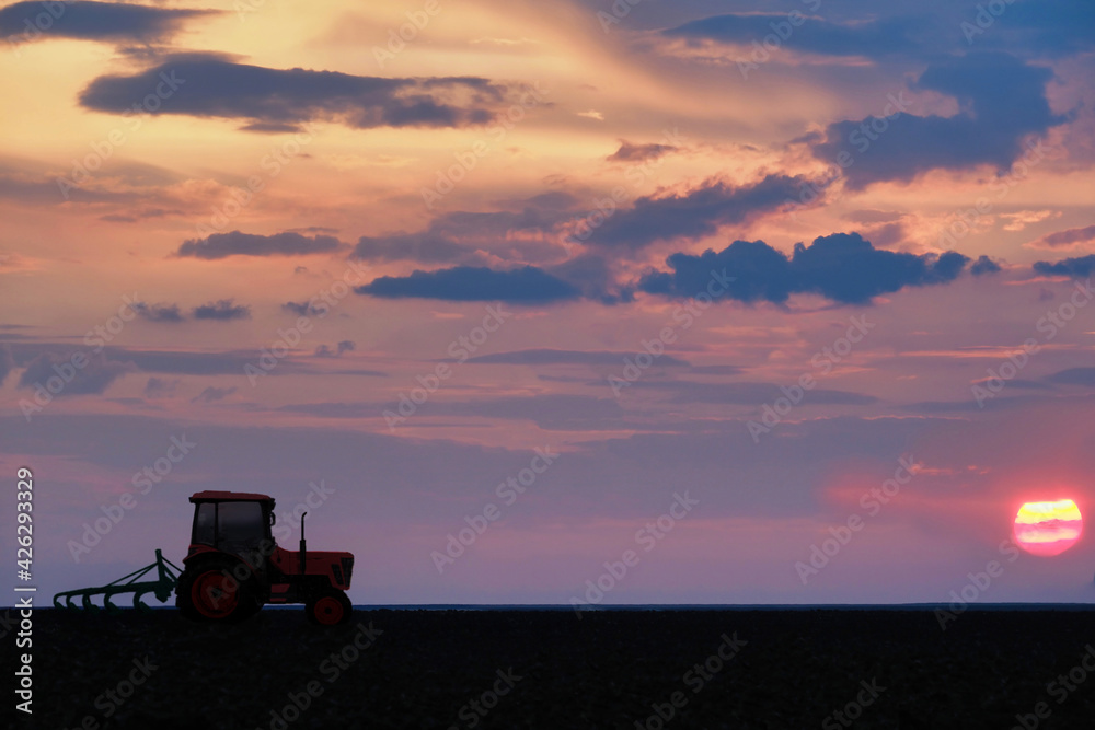 Fototapeta premium Colorful sunset landscape with tractor working on a field