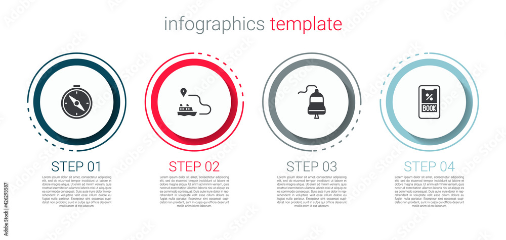 Set Compass, Ship line path, bell and Cruise ticket. Business infographic template. Vector Set Compass, Ship line path, bell and Cruise ticket. Business infographic template. Vector