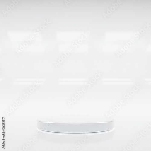 3D Rendering of circle shape white pedestal with round metal edge in empty glossy show room. For luxury product display