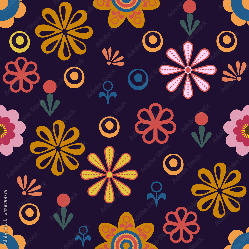 Multicoloured flowers on a dark background repeat pattern Multicoloured flowers on a dark background repeat pattern