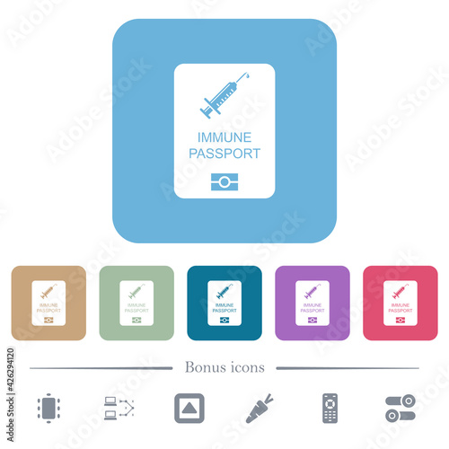 Immune passport flat icons on color rounded square backgrounds