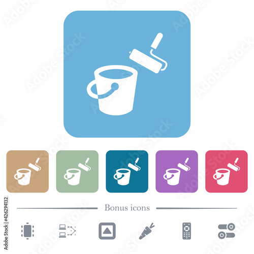 Paint bucket and paint roller flat icons on color rounded square backgrounds