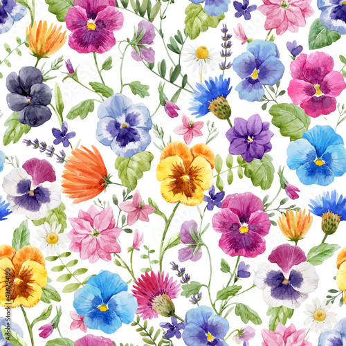 Beautiful vector seamless floral pattern with watercolor gentle colorful summer pansy flowers. Stock illustration.