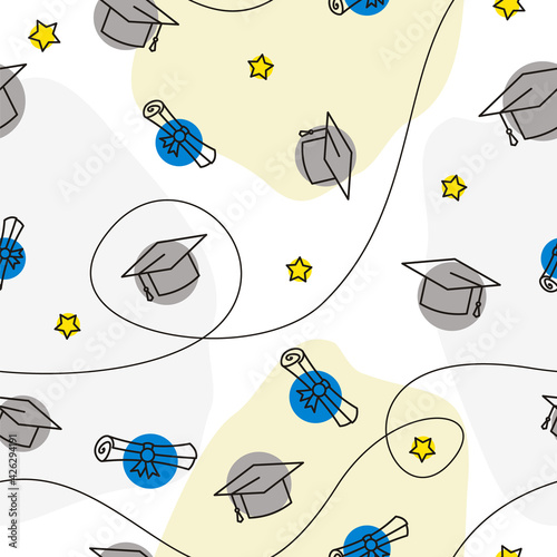 Seamless graduation pattern with line style elements. Hand drawn holiday background with rolled scrolls, stars and a graduate cap. Vector illustration.