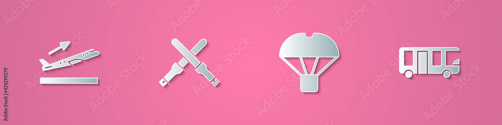 Set paper cut Plane takeoff, Marshalling wands, Box flying on parachute and Airport bus icon. Paper art style. Vector Set paper cut Plane takeoff, Marshalling wands, Box flying on parachute and Airport bus icon. Paper art style. Vector