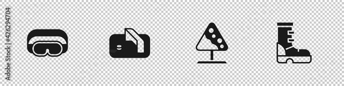 Set Ski goggles, Ice hockey goal, Road sign avalanches and Waterproof rubber boot icon. Vector