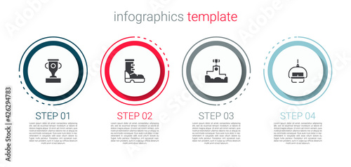 Set Award cup, Waterproof rubber boot, winner podium and Ski lift. Business infographic template. Vector