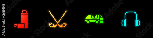 Set Thermos container, Ice hockey sticks, resurfacer and Winter headphones icon. Vector
