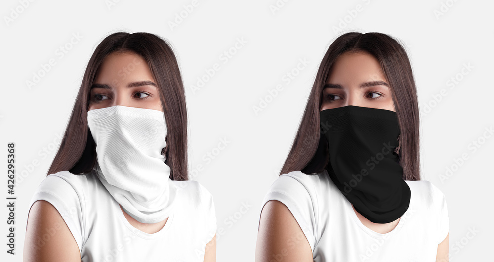 Mockup white and black buff on the girl. Set Mockup white and black buff on the girl. Set