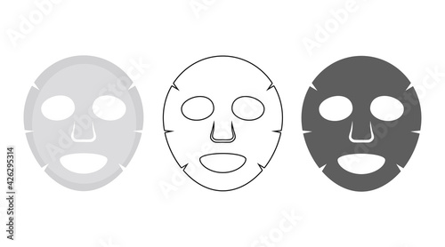 Set of cosmetic mask icons. A napkin made of a special cloth, in the shape of a face with slits for the eyes, nose and mouth, impregnated with a cosmetic or complex composition. Vector illustration. © Elena_Mitrokhina