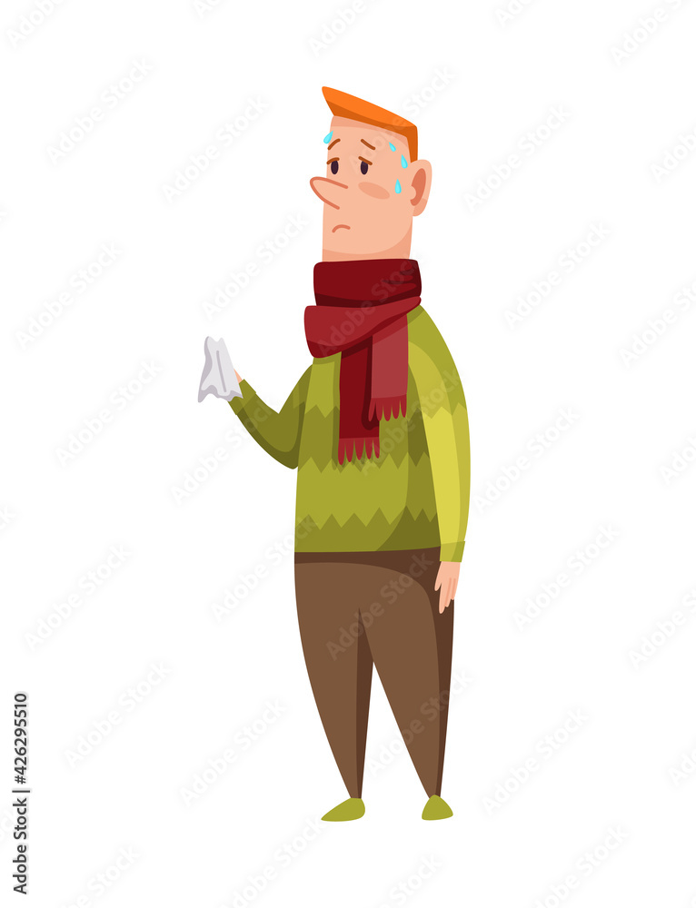 Flu cold. Flu or common cold treatment at home. Man with handkerchief in hand. Season allergy. Allergy sick or flu concept