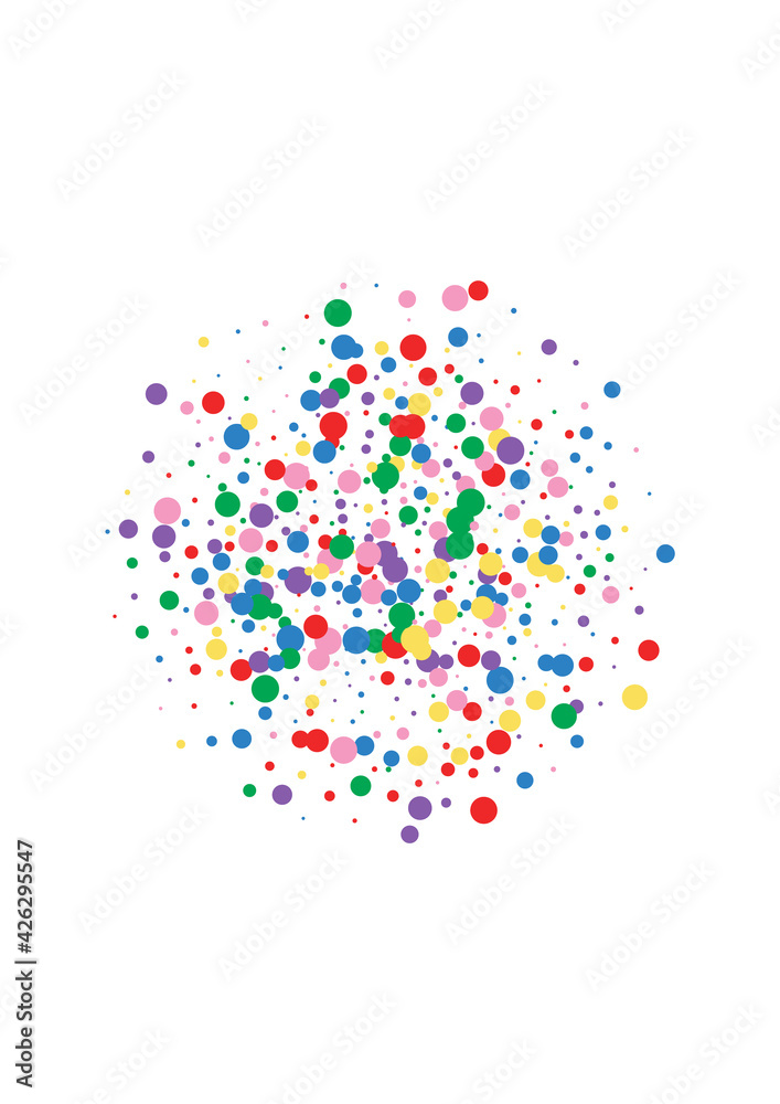 Multicolored Circle Polka Texture. Confetti Paint Illustration. Orange Isolated Dot. Red Design Round Background.