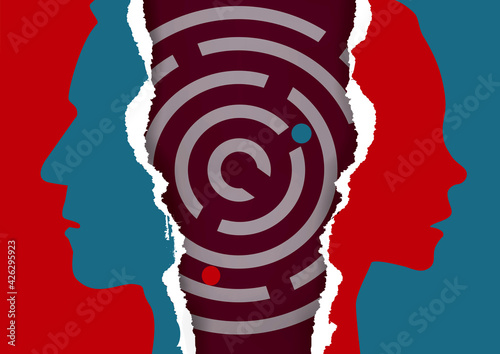 Divorced couple,labyrinth, searching comppromise in relationship.
Stylized male and female silhouette on torn paper with maze. Vector available.