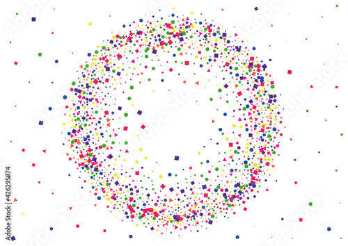 Blue Colored Circle Decoration. Frame Square Illustration. Yellow Dot Background. Event Confetti Decoration. Purple Celebration Star.