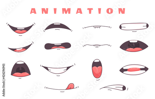 Mouth animation. Funny cartoon mouths set with expression. Cartoon talking mouth and lips  animations poses photo