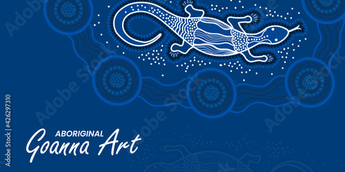 Blue aboriginal art poster design with goanna