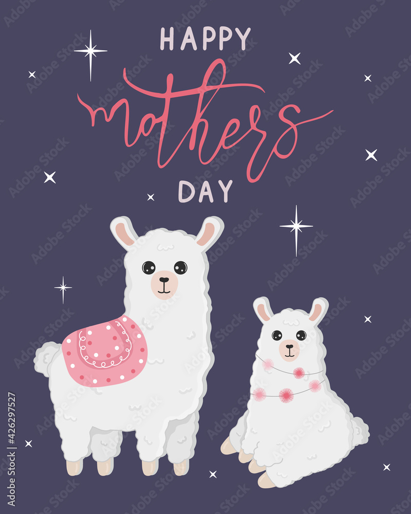 Fototapeta premium Vector cartoon card. Happy mother's day with llama family on blue background. Cute alpaca