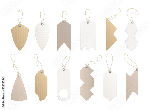 Price tags. Set of labels with cord. Paper price or gift tags in different shapes. Empty organic style stickers. Kraft realistic material