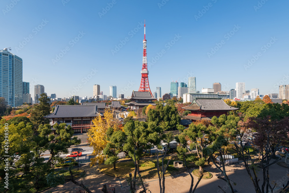 Fototapeta premium Japanese zojoji temple near the Tokyo tower . Zojo-ji is notable for its relationship with the Tokugawa clan, the rulers of Japan during the Edo period, Mausoleum in the temple grounds.