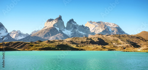 Obraz na płótnie Panoramic view of Pehoe Lake and Los Cuernos in the Torres del Paine National Park, Chile. w salonie
