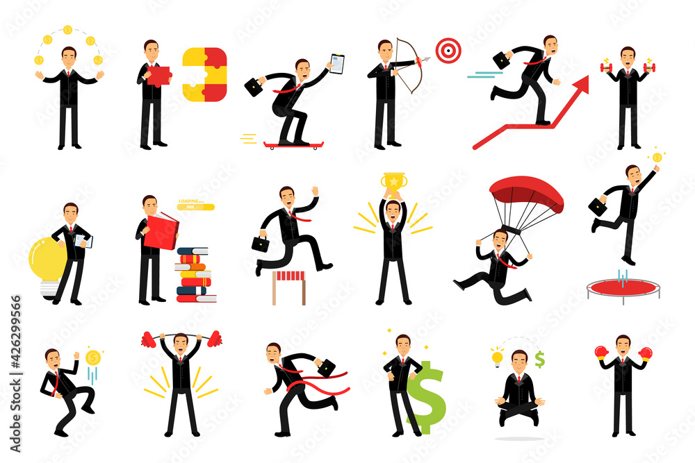 Energetic Businessman Lifting Dumbbell and Standing with Open Book Vector Illustration Set Energetic Businessman Lifting Dumbbell and Standing with Open Book Vector Illustration Set