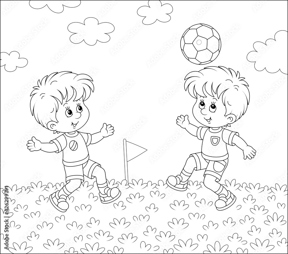 Fototapeta Little football players with a ball at a match or training on a sports field on a summer day, black and white outline vector cartoon illustration for a coloring book page