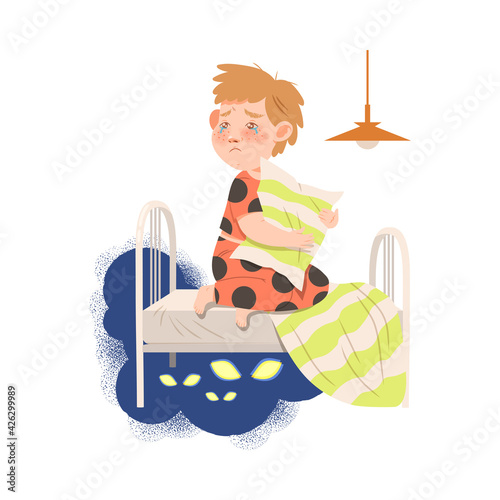 Little Boy Afraid of Monsters Sitting on Bed with Pillow and Crying Vector Illustration