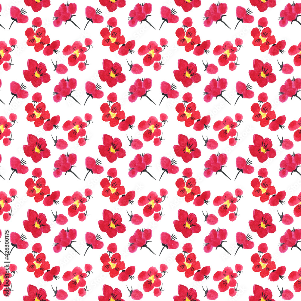 Seamless pattern of a sakura. Pink and red stylized flowers of plum mei and wild apricots. Watercolor and ink illustration in style sumi-e, u-sin. Oriental traditional painting. Seamless pattern of a sakura. Pink and red stylized flowers of plum mei and wild apricots. Watercolor and ink illustration in style sumi-e, u-sin. Oriental traditional painting.