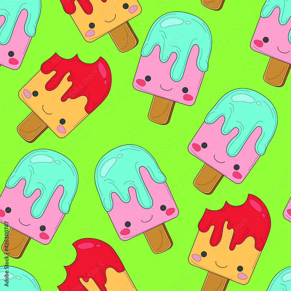 Cute simple cartoon colorful glazed ice cream seamless pattern template. Bright vector illustration for games, background, pattern, decor. Print for fabrics and other surfaces. Cute simple cartoon colorful glazed ice cream seamless pattern template. Bright vector illustration for games, background, pattern, decor. Print for fabrics and other surfaces.