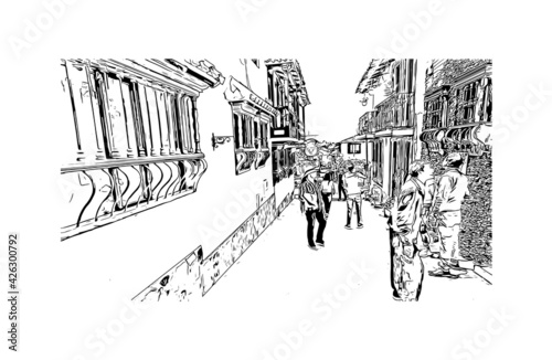 Building view with landmark of Duitama is the 
city in Colombia. Hand drawn sketch illustration in vector.