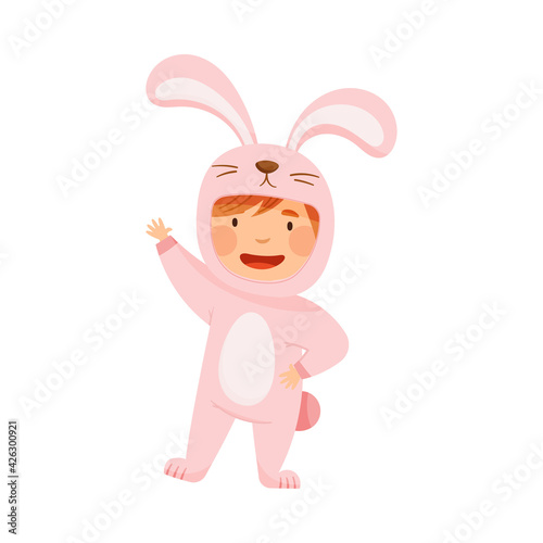 Little Girl Wearing Hare Costume Waving Hand and Having Fun Vector Illustration