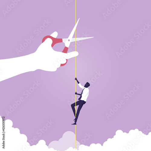 Businessman climbing on rope and giant hand with scissors is cutting the rope, describe challenge, risk, obstacles, ambition, and danger