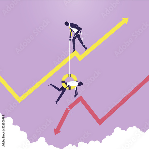 Businessman rescues partner from falling chart with lifebuoy, Decreasing income chart, business bankruptcy company startup collapse