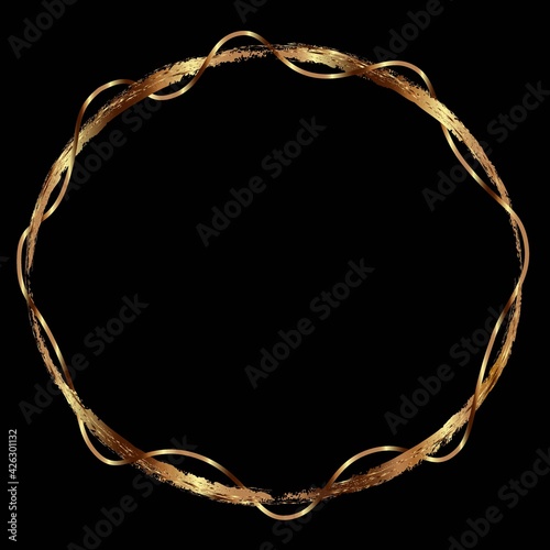 Abstract graceful golden round frame. For decoration and design of cards, invitations, packaging of cosmetics and jewelry, labels. Round frame of gold color.