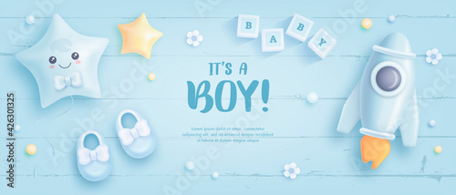 Baby shower horizontal banner with cartoon rocket, shoes, helium balloons and flowers on blue wooden background. It's a boy. Vector illustration