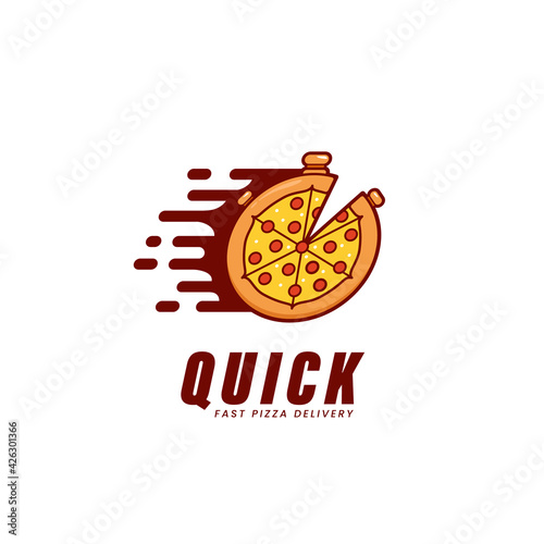 Quick fastest pizza delivery service logo, fast pizzeria delivery business logo icon with pizza as stopwatch illustration