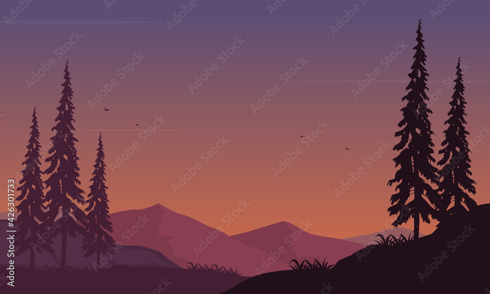 Aesthetically pleasing silhouette of mountains and cypress trees at night. Vector illustration