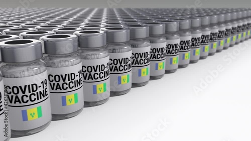 Seamless looping 3D animated bottles with covid-19 vaccine and the flag of Saint Vincent and the Grenadines in 4K resolution  photo