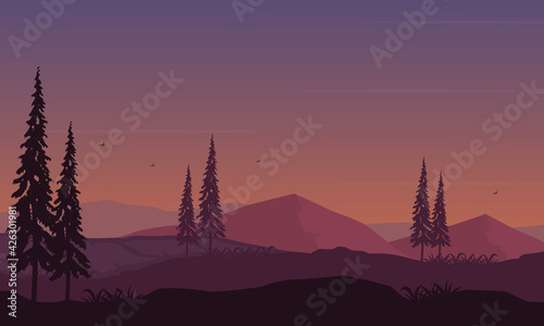 Stunning sky panorama at night with beautiful natural scenery. Vector illustration