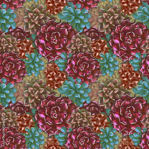 Succulent Seamless Pattern Digital Hand Drawn Illustration Red Field with Aloe and Echeveria Pachyphytum. Design for surface design, fabric, wrapping paper, background
