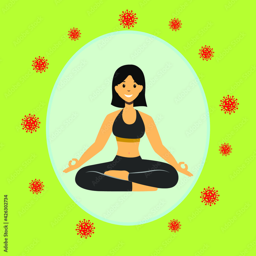 The girl is engaged in yoga protection from the virus, vector illustration