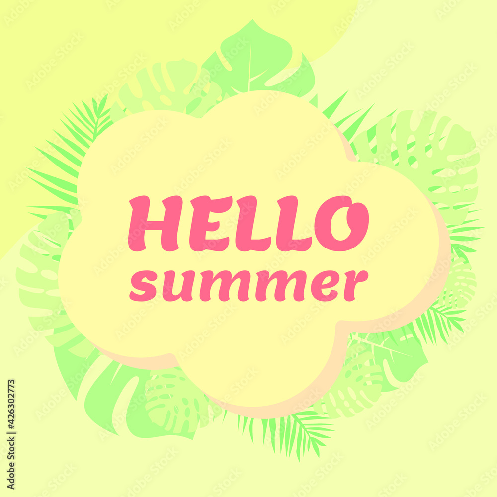 Hello summer, beautiful gentle background with tropical leaves for design, vector illustration Hello summer, beautiful gentle background with tropical leaves for design, vector illustration